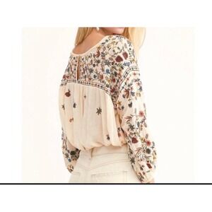 Free People Wildflower Bohemian Embroidered Peasant Crop Top Blouse Women's Sz S